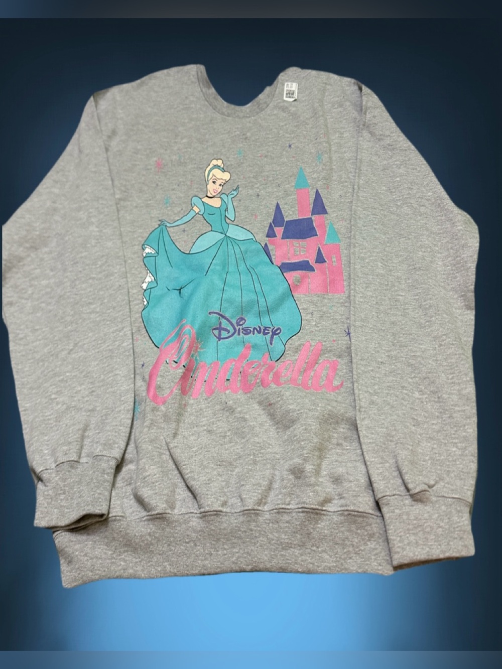 Disney Gray Sweatshirt Retro with Teal Cinderella and Pink Castle Graphic XL